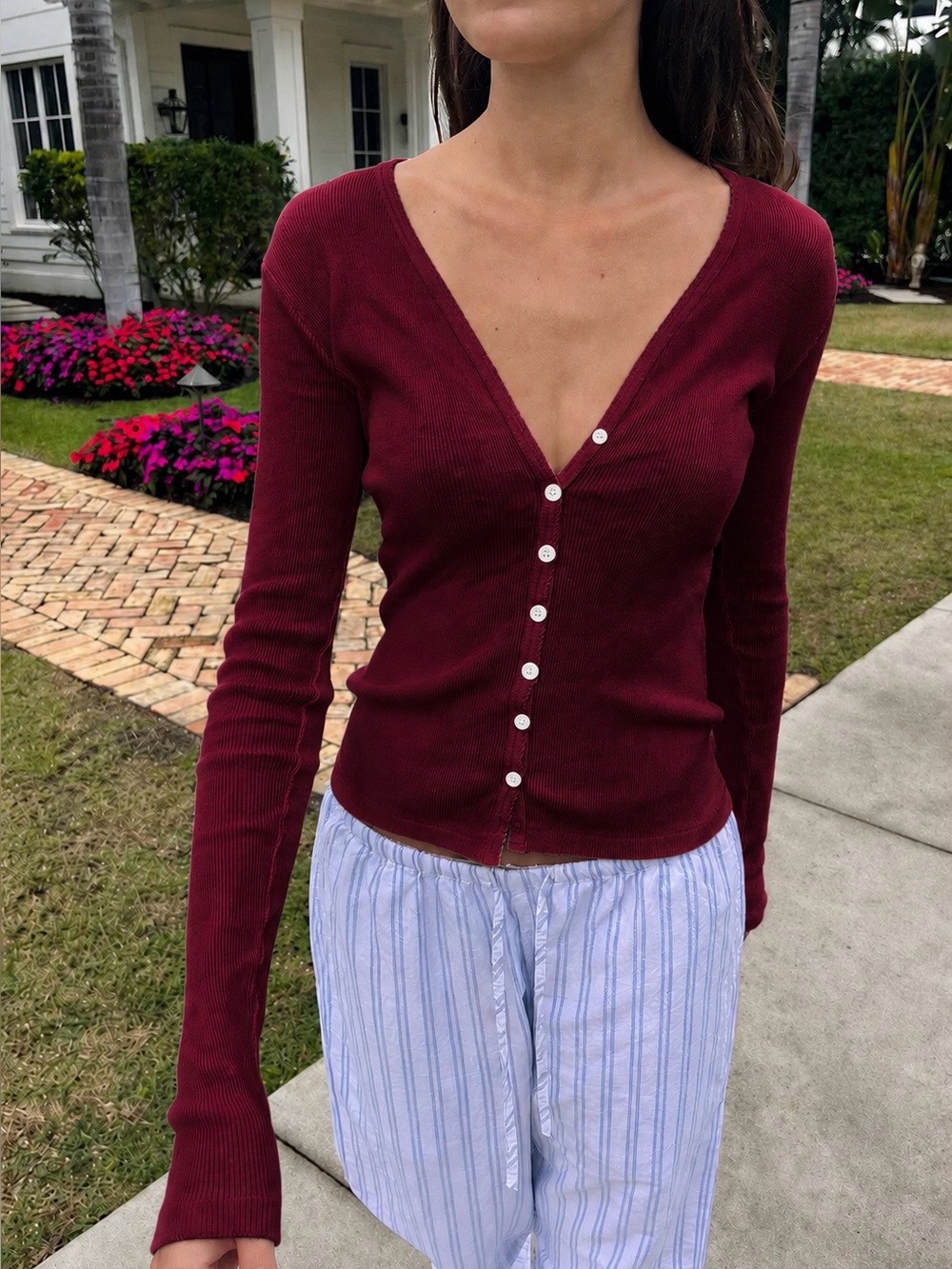 BRANDY MELVILLE PAIGE RUFFLE LONG SLEEVE TOP IN BURGUNDY